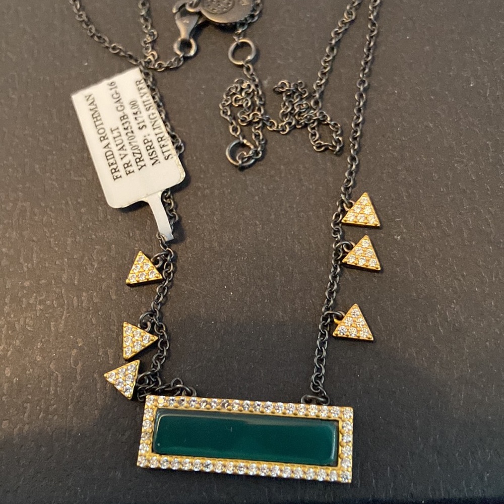 NWT Frieda Rhotman 14k and Oxidized Sterling Silver Green Onyx Necklace …